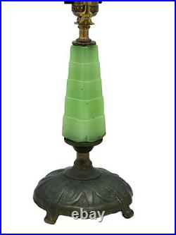 ANTIQUE ART DECO 30's SKYSCRAPER GREEN JADEITE GLASS BRONZE BASE BOURDOIR LAMP