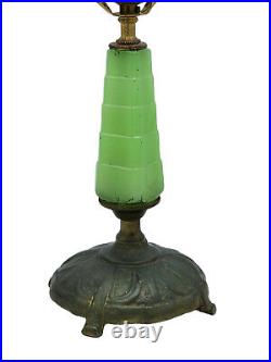 ANTIQUE ART DECO 30's SKYSCRAPER GREEN JADEITE GLASS BRONZE BASE BOURDOIR LAMP