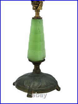 ANTIQUE ART DECO 30's SKYSCRAPER GREEN JADEITE GLASS BRONZE BASE BOURDOIR LAMP