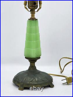 ANTIQUE ART DECO 30's SKYSCRAPER GREEN JADEITE GLASS BRONZE BASE BOURDOIR LAMP