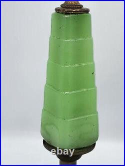 ANTIQUE ART DECO 30's SKYSCRAPER GREEN JADEITE GLASS BRONZE BASE BOURDOIR LAMP