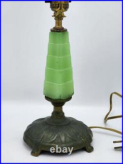 ANTIQUE ART DECO 30's SKYSCRAPER GREEN JADEITE GLASS BRONZE BASE BOURDOIR LAMP