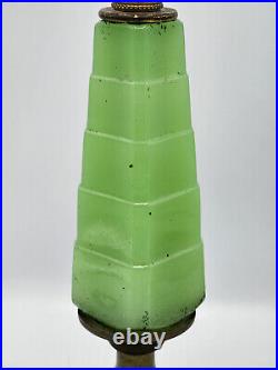 ANTIQUE ART DECO 30's SKYSCRAPER GREEN JADEITE GLASS BRONZE BASE BOURDOIR LAMP