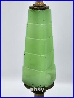 ANTIQUE ART DECO 30's SKYSCRAPER GREEN JADEITE GLASS BRONZE BASE BOURDOIR LAMP