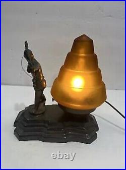 ANTIQUE ART DECO Bronze NATIVE AMERICAN STATUE BEEHIVE SATIN GLASS SHADE LAMP