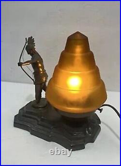 ANTIQUE ART DECO Bronze NATIVE AMERICAN STATUE BEEHIVE SATIN GLASS SHADE LAMP