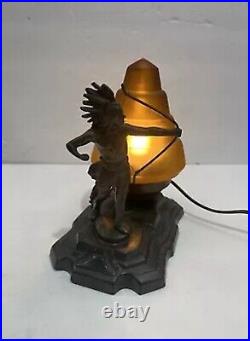 ANTIQUE ART DECO Bronze NATIVE AMERICAN STATUE BEEHIVE SATIN GLASS SHADE LAMP