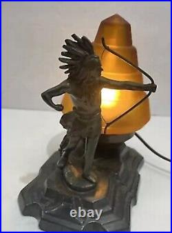 ANTIQUE ART DECO Bronze NATIVE AMERICAN STATUE BEEHIVE SATIN GLASS SHADE LAMP