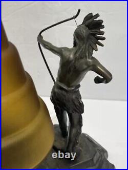 ANTIQUE ART DECO Bronze NATIVE AMERICAN STATUE BEEHIVE SATIN GLASS SHADE LAMP