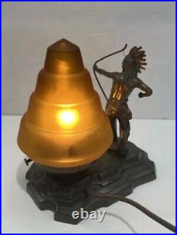 ANTIQUE ART DECO Bronze NATIVE AMERICAN STATUE BEEHIVE SATIN GLASS SHADE LAMP