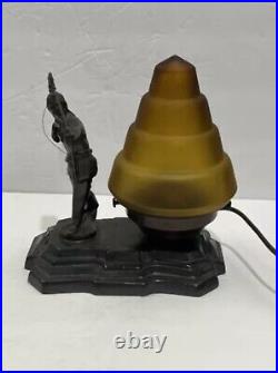 ANTIQUE ART DECO Bronze NATIVE AMERICAN STATUE BEEHIVE SATIN GLASS SHADE LAMP