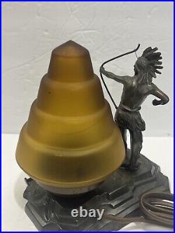 ANTIQUE ART DECO Bronze NATIVE AMERICAN STATUE BEEHIVE SATIN GLASS SHADE LAMP