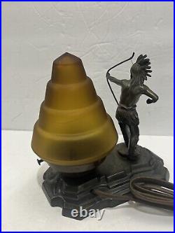 ANTIQUE ART DECO Bronze NATIVE AMERICAN STATUE BEEHIVE SATIN GLASS SHADE LAMP