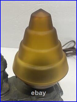 ANTIQUE ART DECO Bronze NATIVE AMERICAN STATUE BEEHIVE SATIN GLASS SHADE LAMP