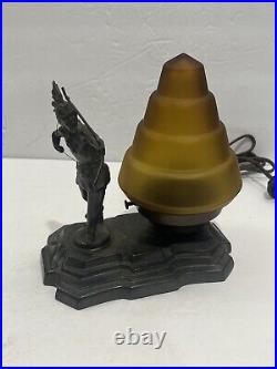 ANTIQUE ART DECO Bronze NATIVE AMERICAN STATUE BEEHIVE SATIN GLASS SHADE LAMP