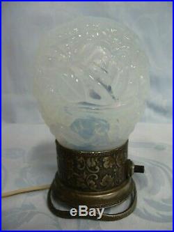 ANTIQUE ART DECO PERFUME LAMP withFIERY OPALESCENT GLASS GLOBE & ORNATE METAL BASE