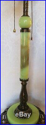 ANTIQUE ART DECO SLAG GLASS LAMP BASE With JADEITE GLASS INSERT MARKED B11 35