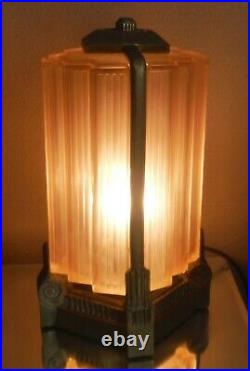 ANTIQUE FRENCH ART DECO BRONZE/PEACHY PINK GLASS LAMP-c1920