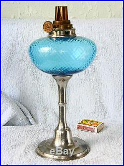 ANTIQUE FRENCH Art Deco KEROSENE OIL LAMP BLUE GLASS