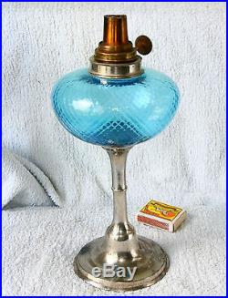 ANTIQUE FRENCH Art Deco KEROSENE OIL LAMP BLUE GLASS