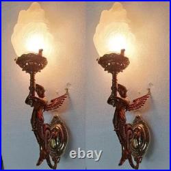 ANTIQUE VINTAGE ART DECO NOUVEAU BRASS MERMAID WALL SCONCE LIGHT LAMP Set Of 2