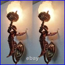 ANTIQUE VINTAGE ART DECO NOUVEAU BRASS MERMAID WALL SCONCE LIGHT LAMP Set Of 2