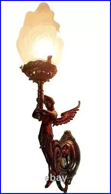 ANTIQUE VINTAGE ART DECO NOUVEAU BRASS MERMAID WALL SCONCE LIGHT LAMP Set Of 2