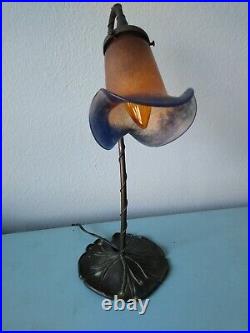 ANTIQUE signed VIANNE ART DECO FRENCH MARMOREAN GLASS LAMP Base & Tulip SHADE