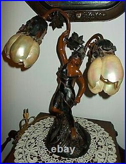 ANT. ART NOUVEAU DECO PATANATED BRONZE FIGURAL WithCLIP ON SHELL SHADES LAMP