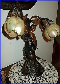 ANT. ART NOUVEAU DECO PATANATED BRONZE FIGURAL WithCLIP ON SHELL SHADES LAMP