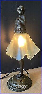 ART DECO BRONZE FINISH STATUE ACCENT LAMP/NIGHTLIGHT WithGLASS SKIRT SHADE