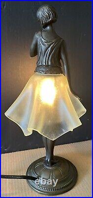 ART DECO BRONZE FINISH STATUE ACCENT LAMP/NIGHTLIGHT WithGLASS SKIRT SHADE