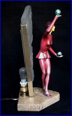 ART DECO COLD PAINTED METAL AND IVORINE FIGURAL LAMP whit ART GLASS SHADE 1925