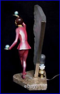 ART DECO COLD PAINTED METAL AND IVORINE FIGURAL LAMP whit ART GLASS SHADE 1925