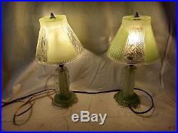 ART DECO GLASS FROSTED LAMPS WithGREEN BASE TOWER TIE BACK TABLE LIGHTS PAIR