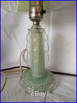 ART DECO GLASS FROSTED LAMPS WithGREEN BASE TOWER TIE BACK TABLE LIGHTS PAIR