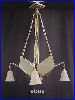 ART DECO Kronleuchter Deckenlampe Luester um 1920/30 Messing Glas restauriert