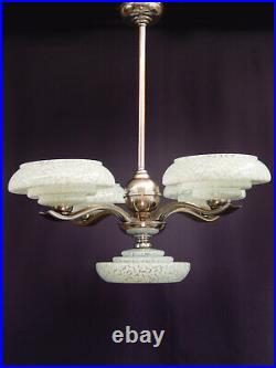 ART DECO Kronleuchter Deckenlampe um 1920/30 Messing Chrom Glas restauriert