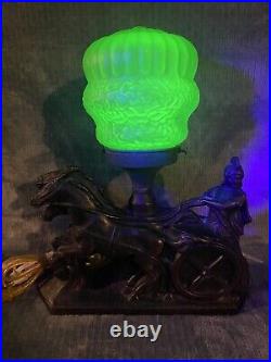 ART DECO METAL Chariot Lamp Green Satin Shade Glows Under Blacklight