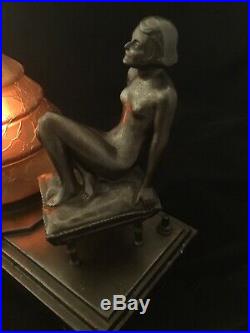 ART DECO/NOUVEAU NUDE FIGURAL LADY TABLE DESK LAMP w CRACKLE GLAS GLOBE c. 1920s