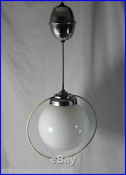 ART DECO Opalglas Lampe Saturnringlampe Zuglampe Chrom