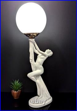 ART DECO Revival White Ceramic Figural Lamp Nude draped Lady 1980's Postmodern