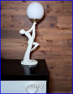 ART DECO Revival White Ceramic Figural Lamp Nude draped Lady 1980's Postmodern