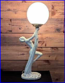 ART DECO Revival White Ceramic Figural Lamp Nude draped Lady 1980's Postmodern