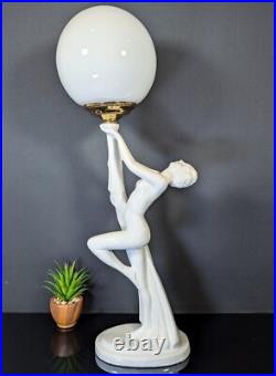 ART DECO Revival White Ceramic Figural Lamp Nude draped Lady 1980's Postmodern