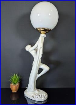ART DECO Revival White Ceramic Figural Lamp Nude draped Lady 1980's Postmodern