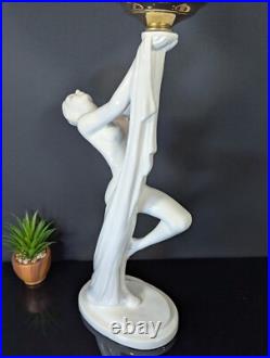 ART DECO Revival White Ceramic Figural Lamp Nude draped Lady 1980's Postmodern