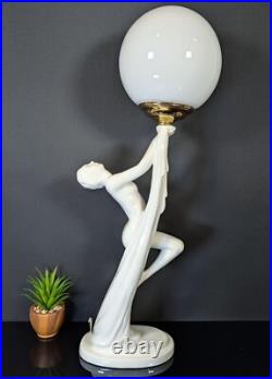 ART DECO Revival White Ceramic Figural Lamp Nude draped Lady 1980's Postmodern