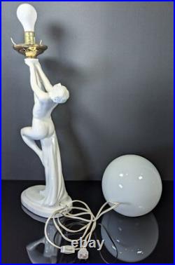 ART DECO Revival White Ceramic Figural Lamp Nude draped Lady 1980's Postmodern