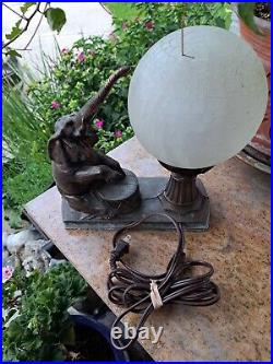 ART DECO SPELTER FRANKART No. 186 HAPPY BRONZE DRUMMING ELEPHANT- MOON LAMP
